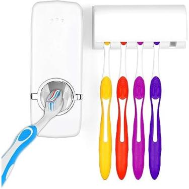 Imagem de Dispenser Automático de Pasta de Dentes com Suporte para Escovas, Branco, 5 Compartimentos, 11,4 x 5,4 x 16 cm