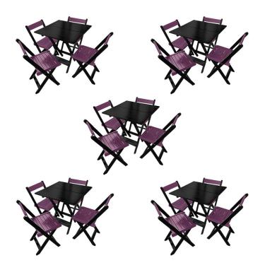 Imagem de Kit 5 Mesas De Madeira Dobrável Preto 70x70 Com 4 Cadeiras Dobráveis Roxo