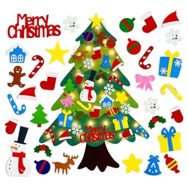 Imagem de Árvore de Natal de feltro DIY para crianças, árvore de Natal de feltro de 8 m com 32 peças de ornamentos e luz para crianças Montessori, pendurar em ambientes internos, artesanato, porta, parede