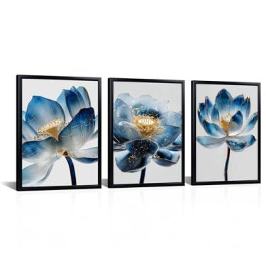Imagem de Saypeacher Arte de parede de flor de lótus azul impressão em tela com detalhes dourados decoração de banheiro de lótus para meditação de spa 30,5 cm x 40,6 cm x 3 peças