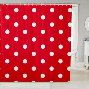 Imagem de jejeloiu Cortina de chuveiro de bolinhas vermelha branca cortina de banheiro xadrez geométrica acessórios à prova d'água com 12 ganchos moderno bonito poliéster impermeável 182 x 213 centímetros