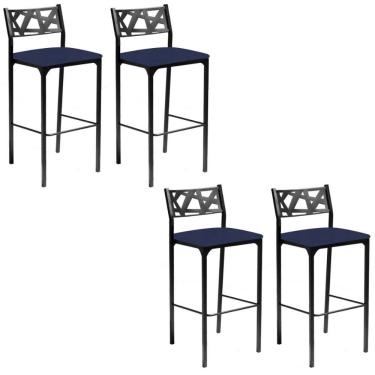 Imagem de Kit 04 Banquetas Alta Com Encosto Luiza Gourmet Para Balcão Cozinha Suede Azul Marinho - Aurora Line