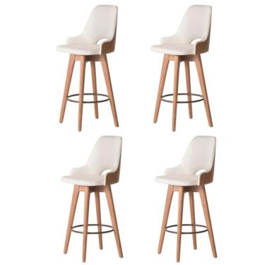 Imagem de Kit 04 Banquetas Alta Giratória Com Encosto Lary Para Cozinha Composê Corino Nozes E Linho Bege - Aurora Line