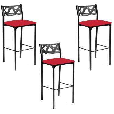 Imagem de Kit 03 Banquetas Alta Com Encosto Luiza Gourmet Para Balcão Cozinha Suede Vermelho - Aurora Line