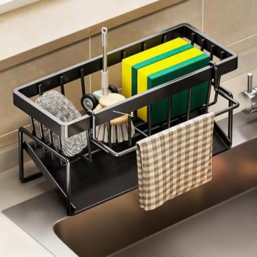 Imagem de Suporte de esponja autodrenante para pia de cozinha, organizador de organizador de pia de aço inoxidável com suporte de pano, rack de secagem para bancada com economia de espaço (preto)