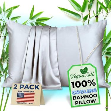 Imagem de Bamboo Pillow Cases Queen - Set of 2 Zippered Pillowcase Bamboo Silk Pillowcase for Hair and Skin, Cooling Soft Stay Cool Pillow, Zero Waste Pillow Case Set, Satin Weave (Silver Gray, Queen)