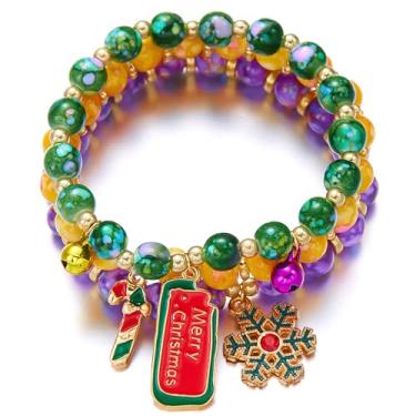 Imagem de Decixde Conjunto de 3 pulseiras de Natal, Papai Noel, floco de neve, árvore de Natal, contas elásticas, para mulheres, joias fofas de festa de Natal, Medium, Liga + acrílico, Sem Pedra Preciosa