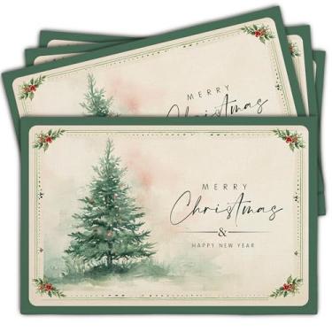 Imagem de Conjunto de 4 jogos americanos de inverno bege, tapetes de mesa laváveis para árvore de Natal vintage rústica com azevinho, feliz ano novo, decoração de festa de jantar, cozinha de casa de fazenda