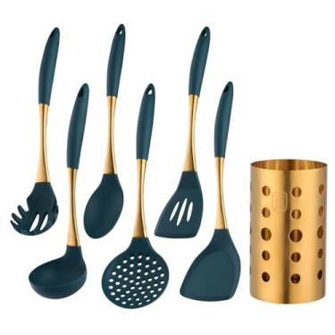 Imagem de Conjunto grande de utensílios de cozinha de silicone de 6 peças com suporte de dreno, utensílio de cozinha de silicone resistente ao calor de 230 °C com núcleo de aço inoxidável, panelas antiaderentes