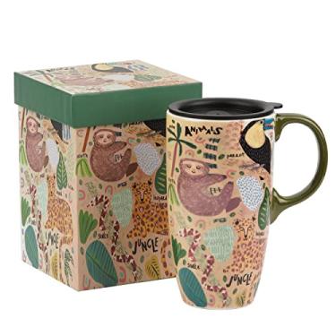 Imagem de Voltogar Caneca de cerâmica caneca de café de viagem com tampa presente para casa e escritório, 482 g xícara de chá com latte de porcelana alta com alça, padrão de arte de animais em caixa colorida
