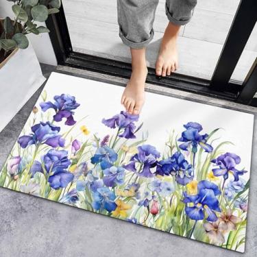 Imagem de Capacho de boas-vindas antiderrapante 45 x 76 cm, aquarela jardim primavera flor íris tapete de cozinha interior tapete de porta floral em branco absorção de água tapete de entrada decoração de casa