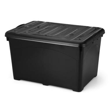 Imagem de Caixa Organizadora 95 Litros Reforçada Com Trava Tampa e Rodinhas Empilhável Preta- Ideal para Mudança, Armazém ou Casa