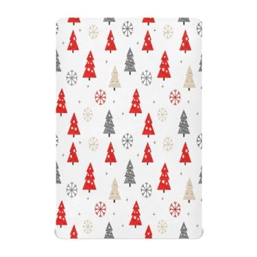 Imagem de Qilmy Lençóis de berço de árvore de Natal e flocos de neve, de microfibra macia, respirável, elástico, lençol com elástico para meninos e meninas, miniberço, 99 cm x 68,5 cm, capa de colchão infantil