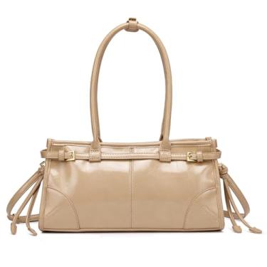 Imagem de P. Atelier Bolsa tiracolo feminina de couro sintético macio com fecho de zíper, alça longa removível, Damasco, Medium, Vinatge Retro Minimalista