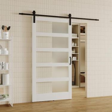Imagem de Lakenyon Porta de celeiro de vidro de 106,7 cm x 213,4 cm com kit de ferragens para porta deslizante de 2,98 m, maçaneta, vidro fosco de 5 painéis, madeira maciça e painel de porta de celeiro com