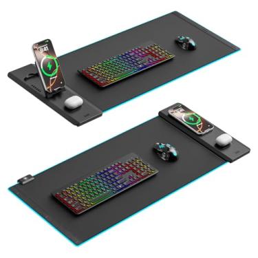 Imagem de KDD Mouse pad com suporte dobrável para celular – Tapete de mesa de carregamento sem fio 15 W rápido - Mouse para jogos RGB com superfície ultra-suave, base antiderrapante – Tapete de teclado para