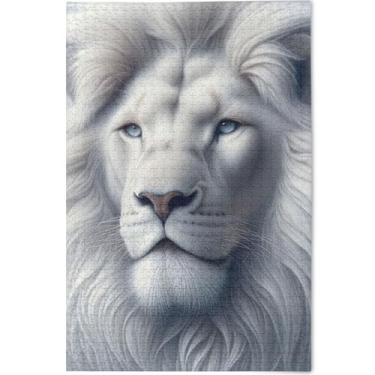 Imagem de Majestic Lion Juba branca cinza personalizado adultos quebra-cabeça 1000 peças família elefantes brancos presentes legais exclusivos decoração de pintura animal, 75 cm x 50 cm