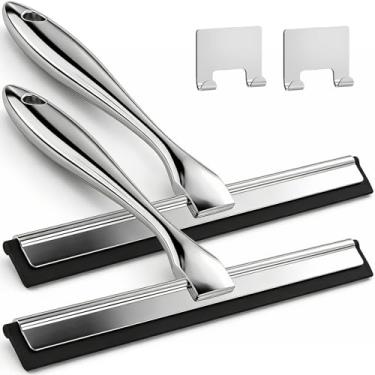 Imagem de ALFLOD Pacote com 2 rodos de chuveiro para portas de vidro, rodo para vidro de chuveiro, rodo de chuveiro de aço inoxidável para limpar paredes de azulejos, carro, banheiro, janela, espelho e cozinha,