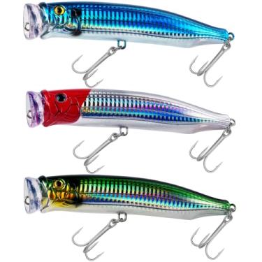 Imagem de THKFISH Iscas Popper Iscas de pesca de atum de água salgada para pesca de surfe robalo com olhos 3D para atum GT peixe grande 15 cm 1 peça/3 peças (3 peças-azul-vermelho-GRN)