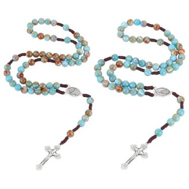 Imagem de UNICRAFTALE 2 unidades de colar de contas de terços católicos 61,6 cm contas de acrílico para mulheres e homens, rosários trançados feitos à mão com cruz de curcifixo de prata antiga para presentes