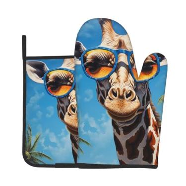Imagem de Conjunto de 2 peças de luvas de forno com estampa de girafa com óculos de sol, adequado para cozinhar, assar e grelhar ao ar livre