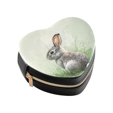 Imagem de Burbuja Coelho fofo na grama em forma de coração, mini estojo de joias de viagem para mulheres e meninas, estojo portátil organizador de armazenamento para brincos, anéis, colares e pulseiras