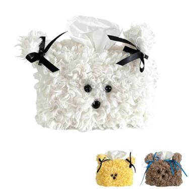 Imagem de Capa de caixa de lenços de pelúcia para cães - adorável estojo de armazenamento de papel de pelúcia para casa, carro e escritório, decoração de personalidade (branca)