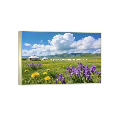 Imagem de BMZFYBS Impressão em tela de paisagem pronta para pendurar - nuvens flores de pastagem - pintura de arte de parede - decoração moderna para casa imagem moldura prata 50 x 75 cm 20 x 30 pol