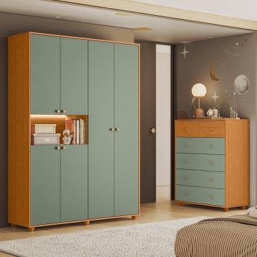 Imagem de Conjunto Infantil Guarda-Roupa e Cômoda Vittoria Cinamomo / Sálvia