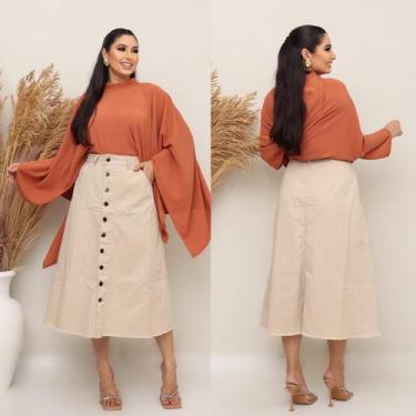 Imagem de Saia Jeans Longa Lavagem Creme Moda Evangélica Elegante Luxo Cintura A