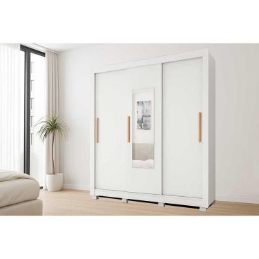 Imagem de Guarda Roupa Casal Chile 3 Portas de Correr 2 Gavetas MDF Espelho Externo Branco Caemmu...