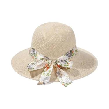 Imagem de Chapéu de verão feminino, chapéu de palha com fita, estilo casual, par