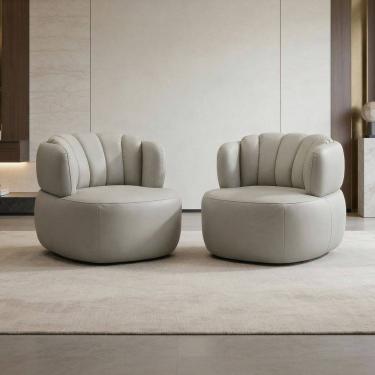 Imagem de Kit 02 Poltronas Giratória Orgânica Para Sala Living Oceane L06 Couro Pérola - Lyam Decor