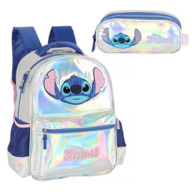 Imagem de Mochila Costa Stitch Holografica Prata Luxcel Menina +Estojo