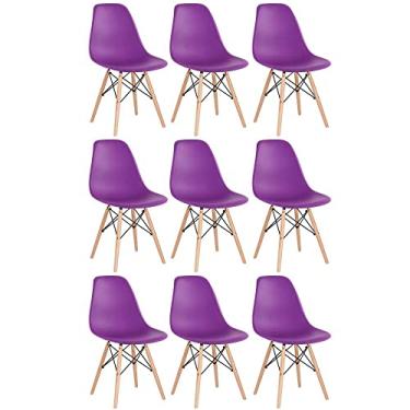 Imagem de Loft7, Kit 9 cadeiras Charles Eames Eiffel DSW com pés de madeira clara Roxo