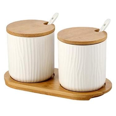 Imagem de OnePine Conjunto de 2 potes de cerâmica para condimentos de 300 ml com tampa de bambu e colher de cerâmica para casa e cozinha, altura 10 cm, branco