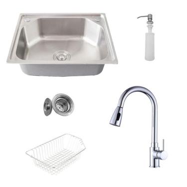 Imagem de Kit Cuba Pia Gourmet Luxo Prizi Aço Inox 304 43x57cm Kit Completo - C5743 + Torneira Gourmet Prizi Extensível Misturado Monocomando - KE-6012