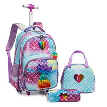 Imagem de Mochilas de Rodinhas Infantis - Kit de 3 peças com mochila de rodinhas, lancheira e estojo, ideal para crianças e estudantes (Brinquedo colorido para inquietação sereia)