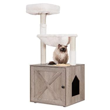 Imagem de Hey-brother Árvore para gatos com caixa de areia, torre multifuncional para gatos internos com rede grande, cama, estação de alimentação, postes para arranhar, móveis para animais de estimação de