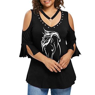 Imagem de Camisetas femininas com gola V, manga curta, meio sino, ombros vazados, recortadas, blusas femininas 2024, B-228 Preto, XX-Large