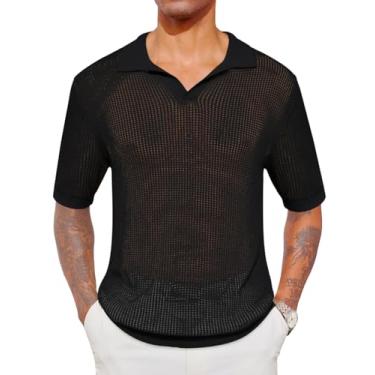 Imagem de Runcati Camisa polo masculina de malha casual crochê manga curta gola V stretch slim fit camiseta pulôver, Preto, G