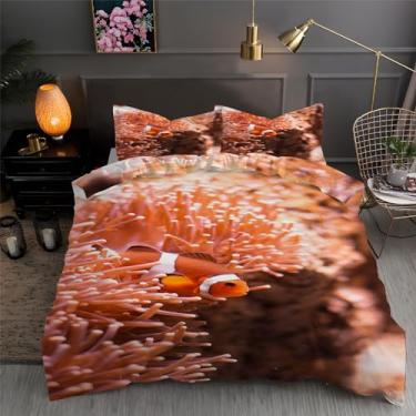 Imagem de Jogo de cama king coral peixe-palhaço, conjunto de 3 peças para decoração de quarto, capa de edredom de microfibra macia 264 x 232 cm e 2 fronhas, com fecho de zíper e laços