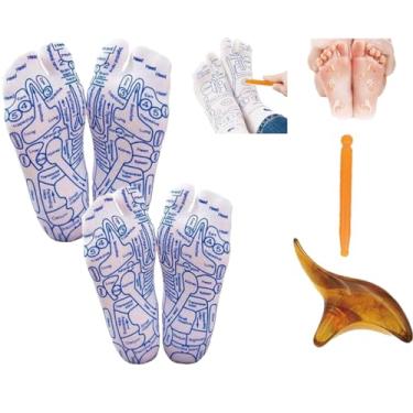 Imagem de VYWmna 2 pares de meias de reflexologia com ferramentas, meias de tabela de reflexologia com ferramenta de massagem de ponto de gatilho, alívio dos pés e meias de massagem de acupressão para mulheres