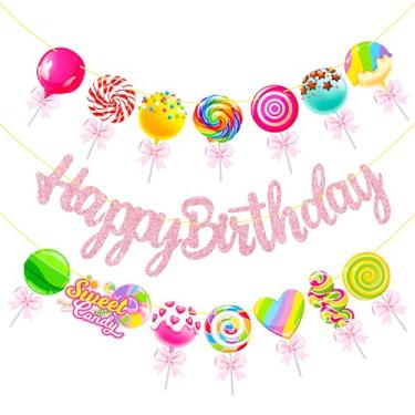 Imagem de 3 peças Candyland Happy Birthday Banners Pink Glitter Lollipop decorações de festa para chá de bebê Candyland Party