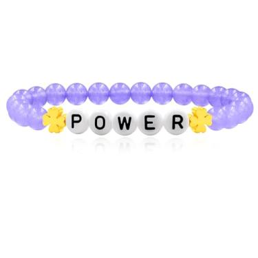 Imagem de JunyiDIY Elegante pulseira elástica de contas de jade de 6 mm com letras inspiradoras "POWER", pulseira elástica para homens e mulheres, joias unissex empoderadoras para pais, irmãos, aniversários,
