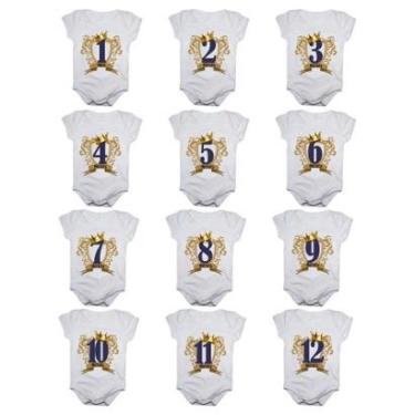 Imagem de Kit 12 Body Bebê Calupa Mesversario Manga Curta Números Com Coroa 1 A 12 Meses Masculino-Masculino