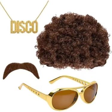 Imagem de SpeedBeauty Conjunto de 4 peças de fantasia hippie, acessórios de fantasia hippie discoteca dos anos 60, 70, peruca afro, bigode, óculos de sol, colar para homens e mulheres, cosplay, festa temática à