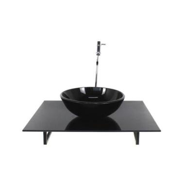 Imagem de Kit Cuba Vidro Redonda Tampo 60Cm Preto Full E Suporte Preto - Cubas E