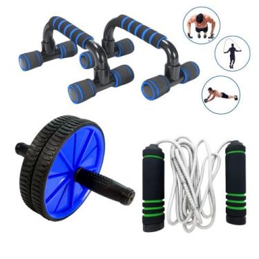 Imagem de Kit Corda de Pular + Barra flexão de chão + Roda abdominal Exercícios 