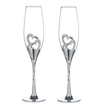 Imagem de Conjunto de taças de champanhe de casamento conjunto de óculos de brinde pacote com 2 com strass decorações de corações para casamentos, aniversários e ocasiões especiais, Prata, Champagne Glasses 1#, 2